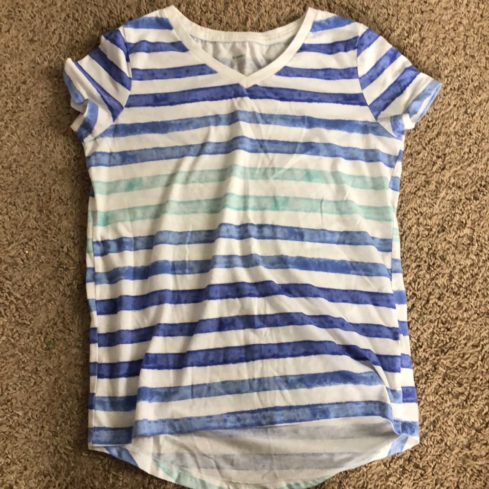 White vneck with blue and green stripes
